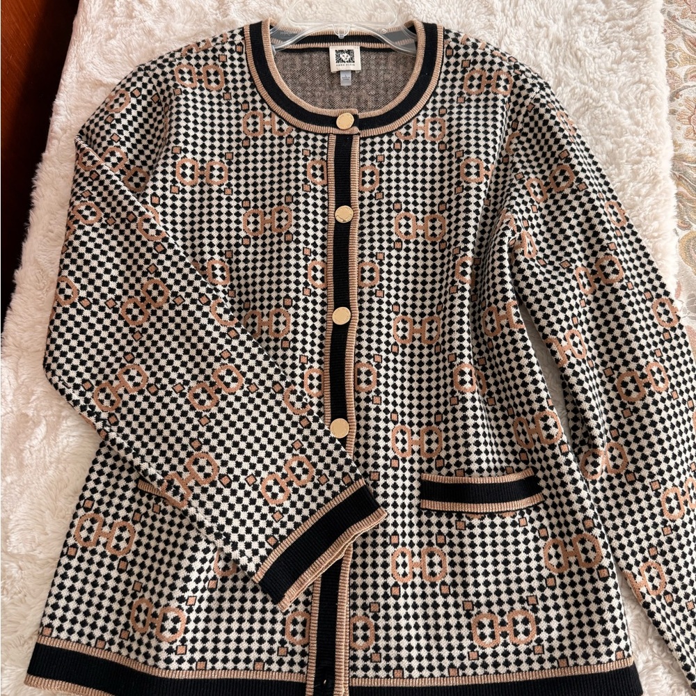 Textured Knit Cardigan with Gold-Tone Buttons - Black & Cream